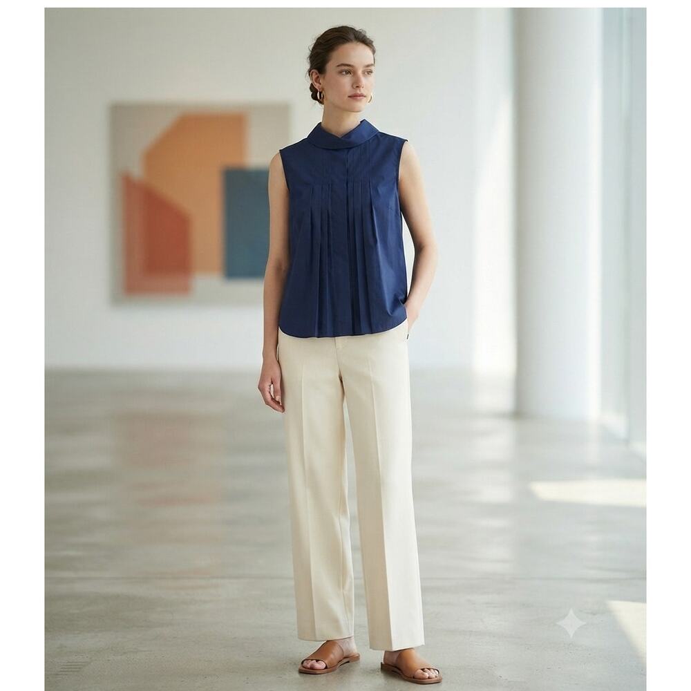 Marni x Uniqlo Sleeveless Pleated Popover Blouse Navy Blue Cotton Size S EUC